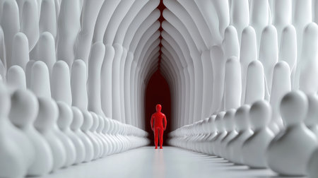 A man in a red suit stands in front of a crowd of white people. The scene is set in a long, narrow tunnel with a red archway at the end. The man is the only person in the tunnelの素材