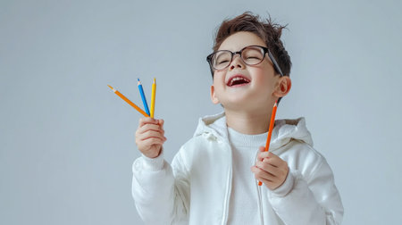 A young boy is holding a pencil and a pen, smiling and looking happy. Concept of joy and excitement, possibly indicating that the boy is about to start a creative project or engage in a fun activityの素材