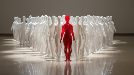 A group of people are standing in a line with one person in the middle wearing a red shirtの素材