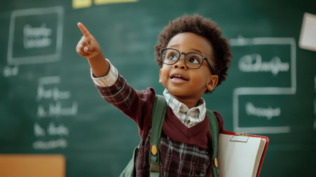 A young child wearing glasses points to a chalkboard with a diagram on it. The child is holding a clipboard and a backpackの素材