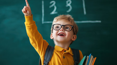 A young boy in glasses is pointing at a chalkboard with the numbers 3 and 38 on itの素材