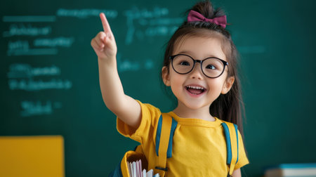 A young girl wearing glasses and a yellow shirt points to a board with a smile on her faceの素材