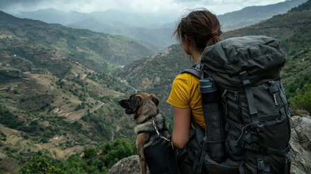 A woman and her dog are on a mountain top, enjoying the view. The woman is wearing a yellow shirt and has a backpack on her back. The dog is wearing a leash and is standing next to herの素材