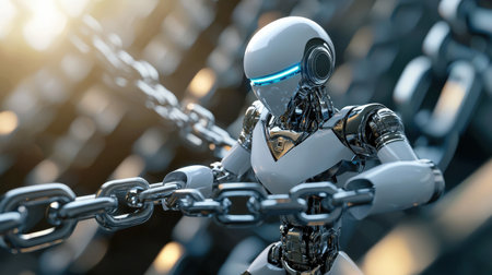 A robot is holding a chain in its hands. The robot is white and has a blue light on its head. The robot is surrounded by chains, which are hanging from the ceiling. The image has a futuristicの素材