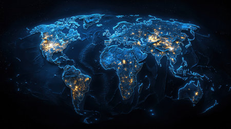 A blue and white globe with lights on it. The globe is lit up with lights and it looks like a map of the worldの素材