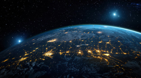 The night sky is filled with stars and the Earth is lit up with lights. Concept of wonder and awe at the vastness of the universe and the beauty of the night skyの素材