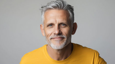 A man with a beard and gray hair is wearing a yellow shirt and smiling. He looks happy and contentの素材