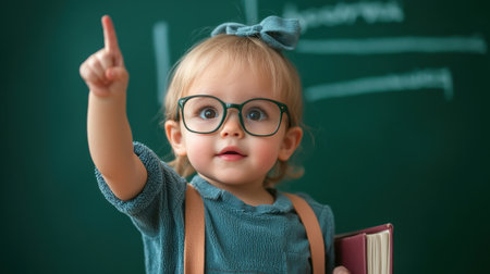 A young girl wearing glasses points to a chalkboard with the word "important" written on itの素材