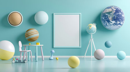 A room with a white frame and a picture of a planet in the middle. The room is decorated with various round objects, including a chair, a table, and several balls. The room has a playfulの素材