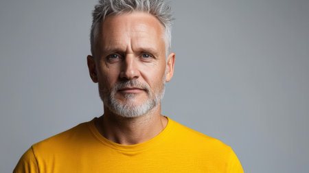 A man with a beard and gray hair is wearing a yellow shirt. He is looking at the camera with a serious expressionの素材