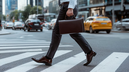 A man is walking across a crosswalk with a briefcase in his hand. The scene is set in a busy city street with cars and a taxi in the background. The man is in a hurryの素材