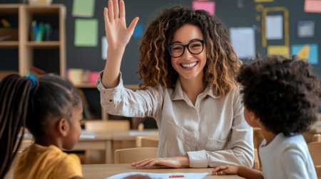 A teacher is waving to her students in a classroom. The teacher is smiling and the children are sitting at a tableの素材