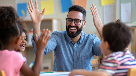 A man is smiling and waving at a group of children. The children are laughing and smiling back at him. The scene is a happy and friendly interaction between the man and the childrenの素材
