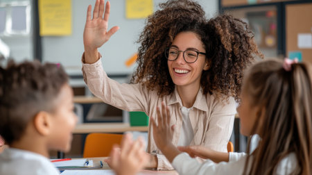A teacher is giving a high five to two children. The children are smiling and the teacher is smiling back. The scene is set in a classroomの素材