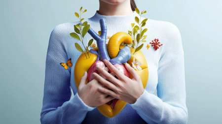 A woman is holding a heart made of clay. The heart is yellow and blue, and it is surrounded by leaves and butterflies. The woman is wearing a blue sweater and holding the heart in her handsの素材
