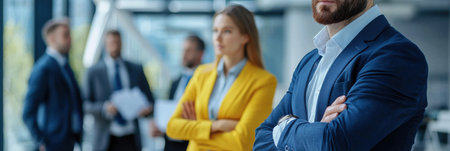 A man in a blue suit stands in front of a group of people in suits. The man is looking at the camera and he is confident. The group of people are all dressed in business attireの素材