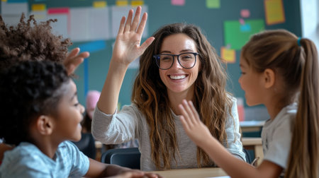 A teacher is waving to her students in a classroom. The students are smiling and waving back. The teacher is wearing glasses and has long hair. The classroom is decorated with postersの素材