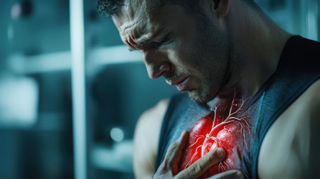 A man is holding his chest and has a red heart on his shirt. Concept of pain and discomfort, as the man is clearly in distressの素材