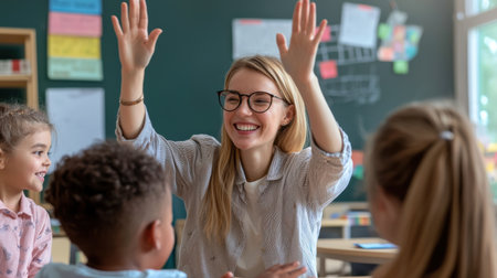 A teacher is giving a thumbs up to a group of children. The children are smiling and seem to be enjoying the moment. The teacher is wearing glasses and is standing in front of a chalkboardの素材