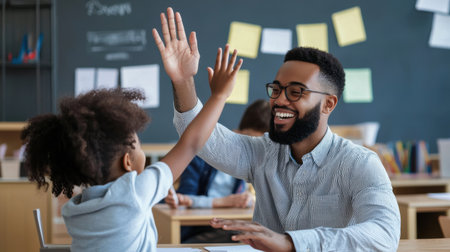 A man and a child are high fiveing each other in a classroom. The man is wearing glasses and the child is wearing a shirt. Scene is happy and friendlyの素材