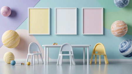 A room with three white frames and three white chairs. The chairs are arranged around a table. There are also three balls in the roomの素材