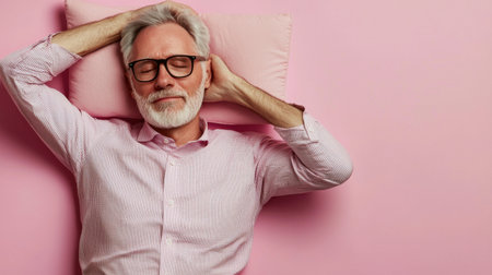 A man wearing glasses and a pink shirt is laying on a pillow. He is relaxed and comfortableの素材