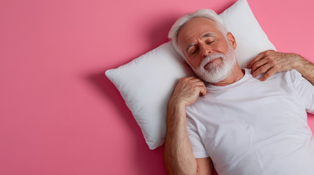 A man is sleeping on a pillow with his head resting on it. The pillow is white and the man is wearing a white shirt. Concept of relaxation and comfort, as the man is in a peaceful state of restの素材