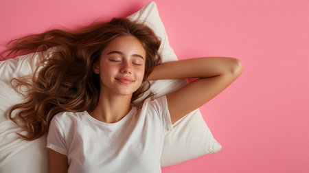 A woman is laying on a bed with her head on a pillow. She is smiling and she is relaxedの素材