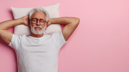 A man is laying on a bed with a pillow and a pink wall behind him. He is wearing glasses and he is sleepingの素材