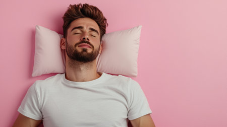 A man is sleeping on a bed with a pink wall behind him. He is wearing a white shirt and has a beardの素材