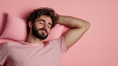 A man is sleeping on a pink pillow. The pillow is pink and has a pattern. The man is wearing a red shirtの素材