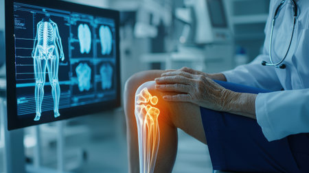 A doctor is sitting in a room with a computer monitor showing a knee x-ray. The knee is swollen and the doctor is examining itの素材