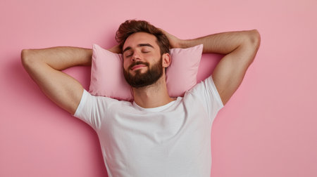 A man is laying down on a pink wall with a pink pillow. He is smiling and he is relaxedの素材