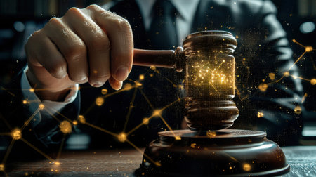 A man is holding a gavel and looking at a computer screen. The gavel is surrounded by a network of lines, and the man is in a courtroom setting. Concept of authority and importanceの素材