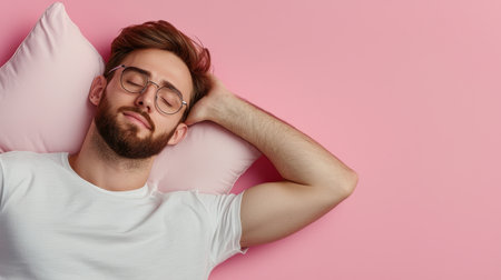 A man wearing glasses is laying on a pillow with his head resting on it. He is sleeping or restingの素材