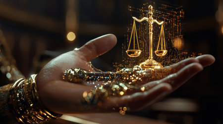 A hand holding a scale with a golden object on it. The scale is a symbol of justice and the golden object represents the weight of the decision being made. Concept of importance and responsibilityの素材