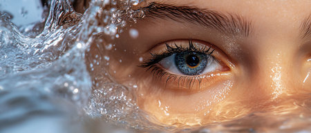 A woman's eye is in the water, and the water is splashing around her face. Concept of movement and energy, as if the woman is in the middle of a fun and exciting activityの素材