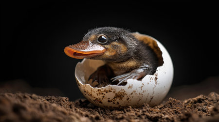 A baby duck is peeking out of an egg. The duck is small and has a beak. The egg is cracked open, and the duck is looking out of itの素材