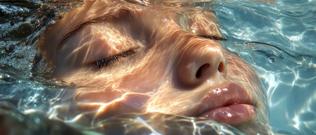 A woman is swimming in a pool with her face submerged in the water. The water is clear and calm, and the woman is relaxed and at peaceの素材