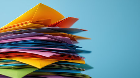 A stack of colorful papers with a blue background. The papers are piled on top of each other, creating a colorful and vibrant scene. The idea behind this image could be to showcase the beautyの素材