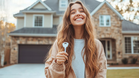 A woman is holding a key in her hand and smiling. She is standing in front of a houseの素材