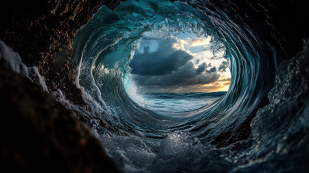 A large wave is crashing into a rocky shore. The sky is cloudy and the sun is settingの素材