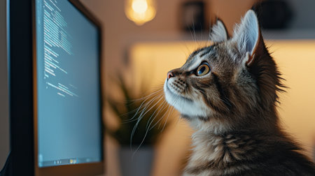 A cat is staring at a computer monitor with a blue screen. The cat appears to be curious about the computer screenの素材