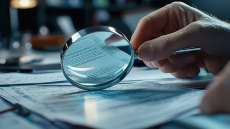 A person is holding a magnifying glass over a piece of paper. The paper appears to be a contract or some other legal document. The person is examining the document closelyの素材