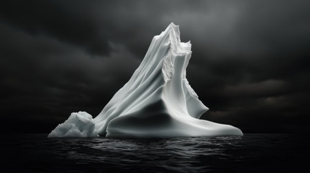 A large ice block floating in the ocean. The sky is dark and cloudy. Scene is somber and mysteriousの素材