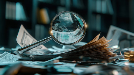 A magnifying glass is on top of a pile of money. The money is crumpled and scattered around the magnifying glass. The scene gives off a sense of disorganization and chaosの素材