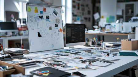A messy desk with a white board and a computer monitor. The white board has a lot of notes and drawings on it. The computer monitor is turned on and has a lot of open tabsの素材