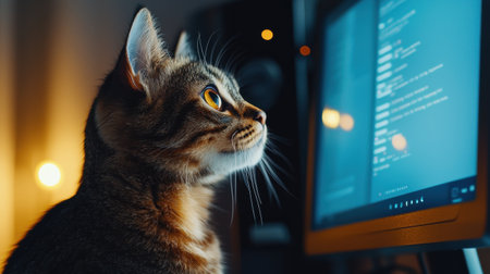 A cat is staring at a computer monitor. The cat is looking at the screen with curiosity. Concept of wonder and fascination as the cat observes the computer screenの素材