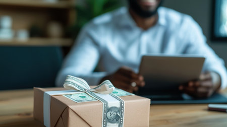 A man is sitting at a desk with a box of money and a tablet. The man is smiling and he is happy. The box of money is wrapped in a ribbon and placed on the desk. The tablet is openの素材