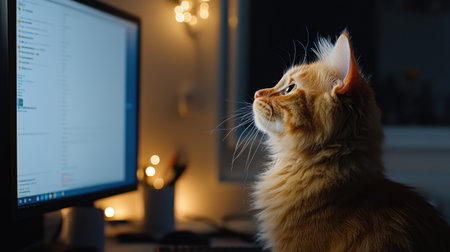 A cat is sitting in front of a computer monitor, looking at the screen. The cat appears to be curious or interested in what is on the screenの素材